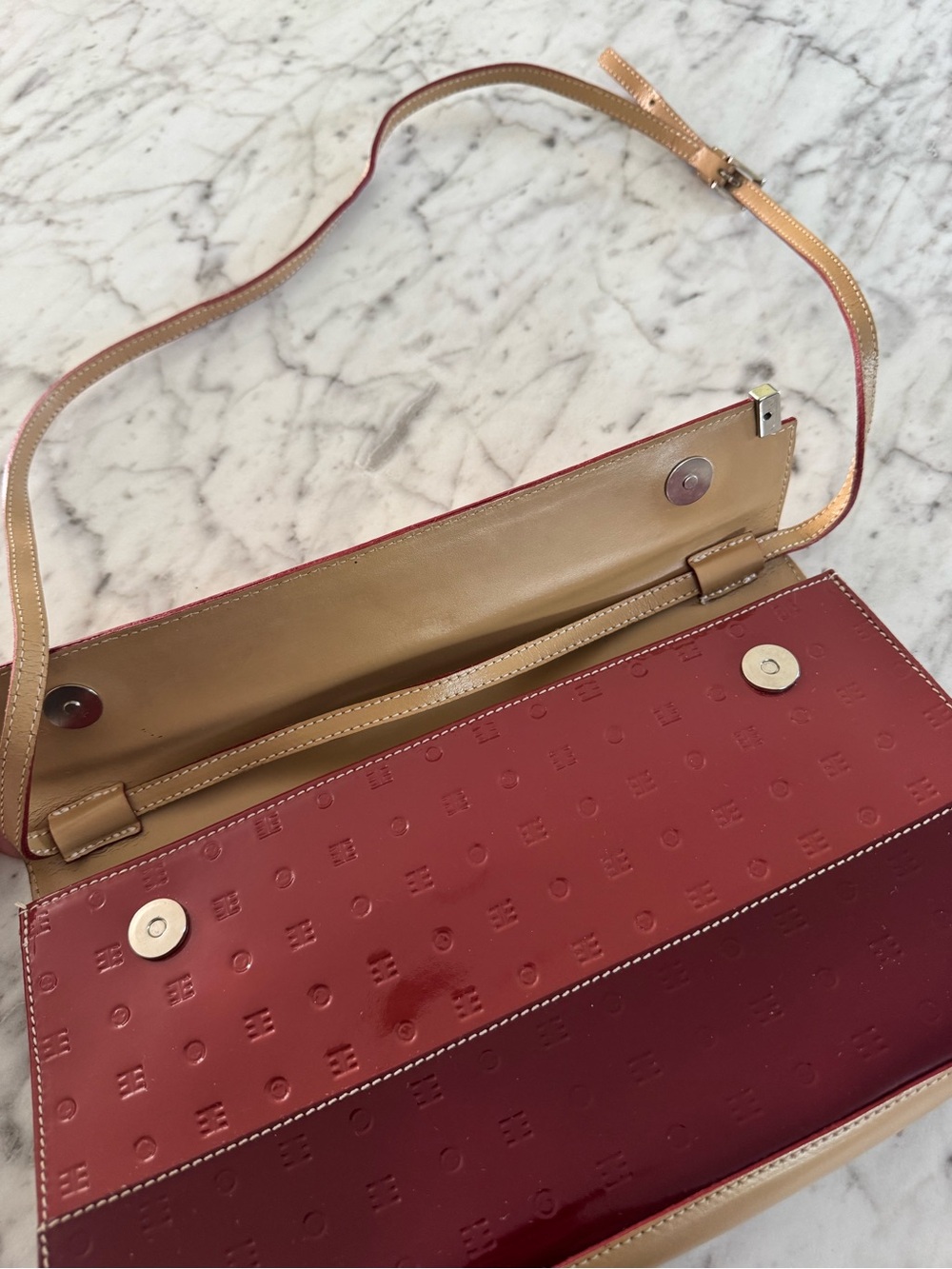 Arcadia Patent Leather Shoulder Bag in Tan, Red, Burgundy - Picture 7 of 10